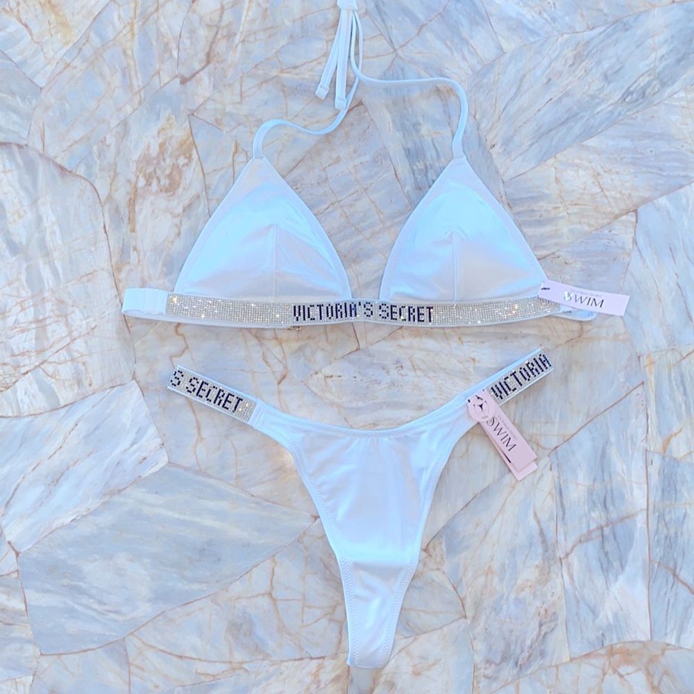2 Pc Set VS SWIM  Shine Strap Triangle Bikini Top Panty Brazilian bottom  Medium